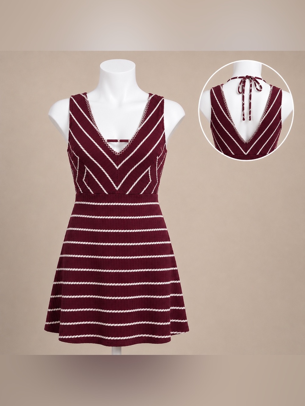 Burgundy Stripe Fit & Flare Sleeveless Dress XL Boho Summer